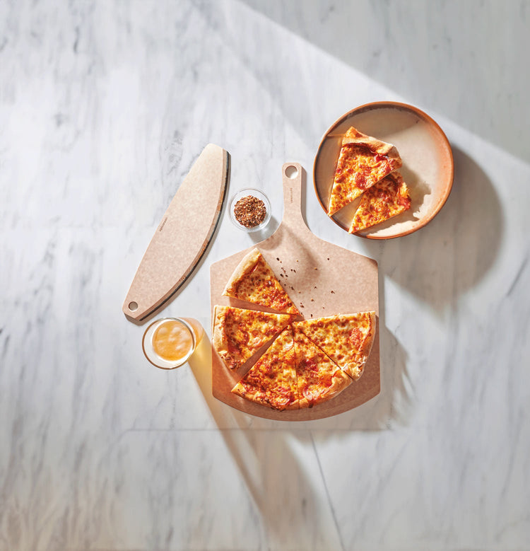 Epicurean Pizza Peel in Natural paired with the Epicurean Pizza Cutter