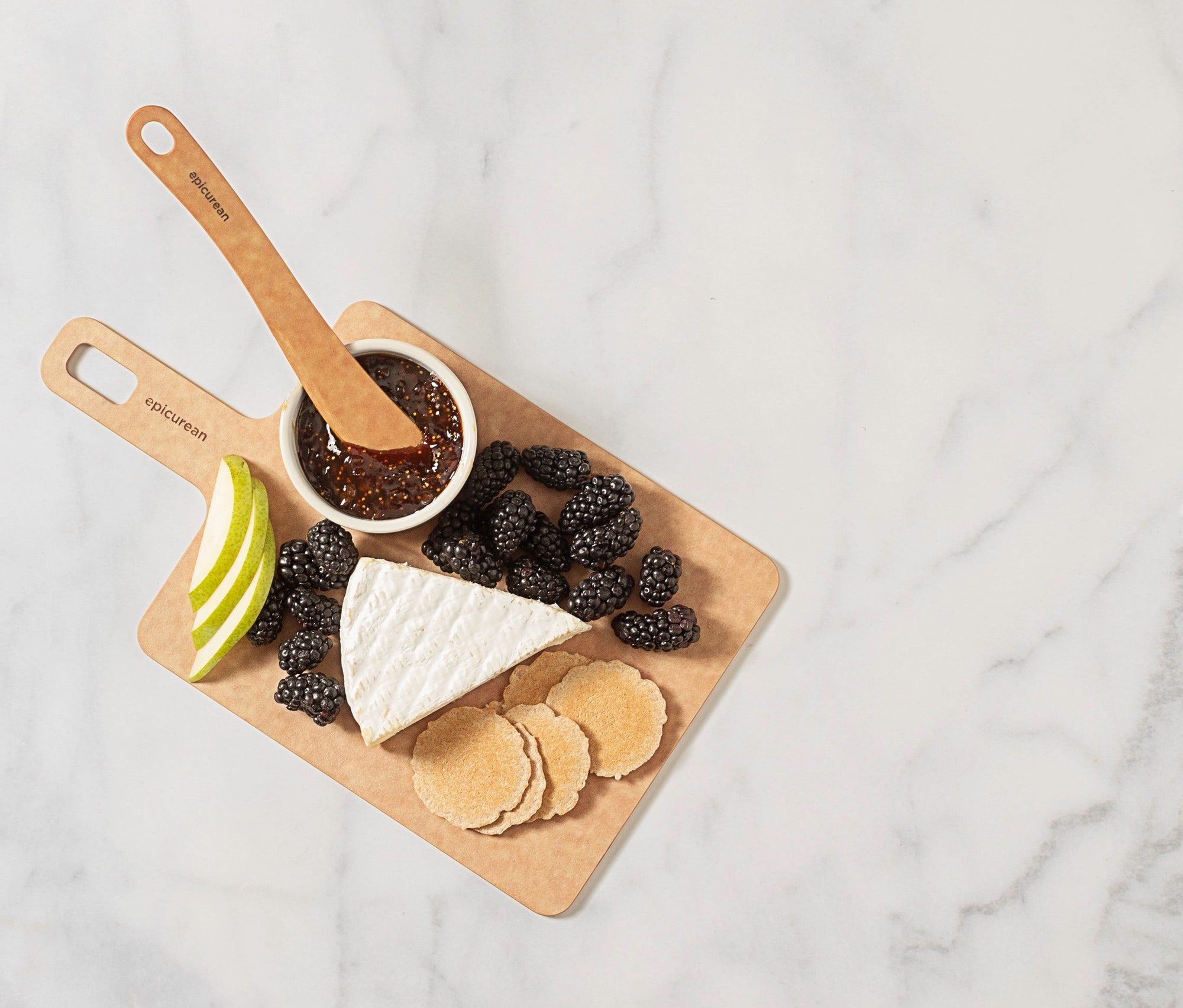 Epicurean Serving and Display Collection featuring the Handy Board in Natural and Spreader in Natural