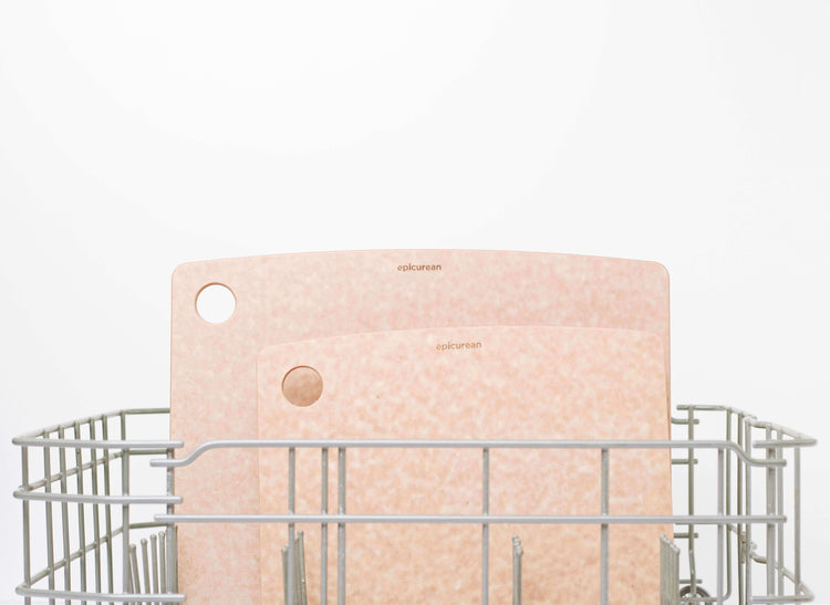 Epicuren Kitchen Series Cutting Board Set in Natural sizes 14.5 inches by 11.25 inches and 11.5 inches by 9 inches placed in the dishwasher displaying that Epicurean Cutting Boards are dishwasher safe