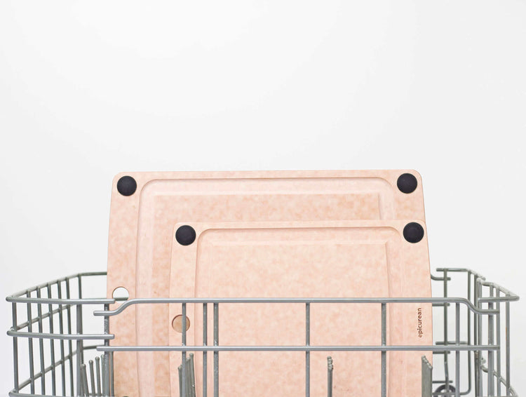 Epicurean All-in-One Cutting Board Set placed in the dishwasher showcasing the feature that this set is dishwasher safe