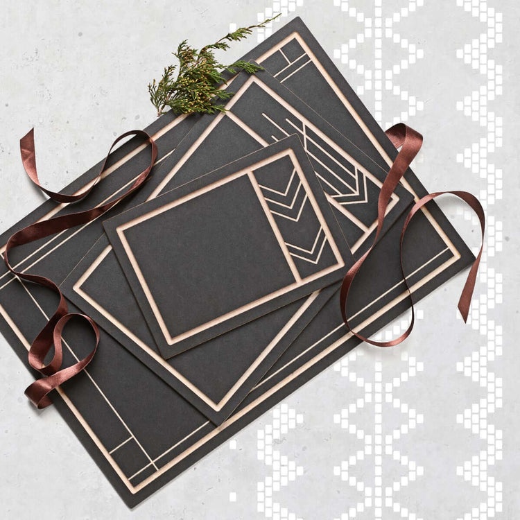 Frank Lloyd Wright Cutting Board Sets in a Holiday Themed Layout with Ribbons