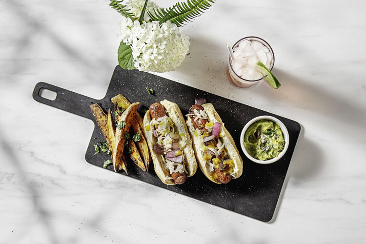 Epicurean Handy Series Cutting Board in Slate with Gourmet Hotdogs