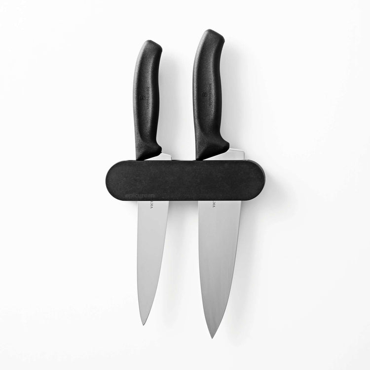 Epicurean Two Slot Wall Mounted Knife Holder displayed on the wall with Victorinox Chef's Knives