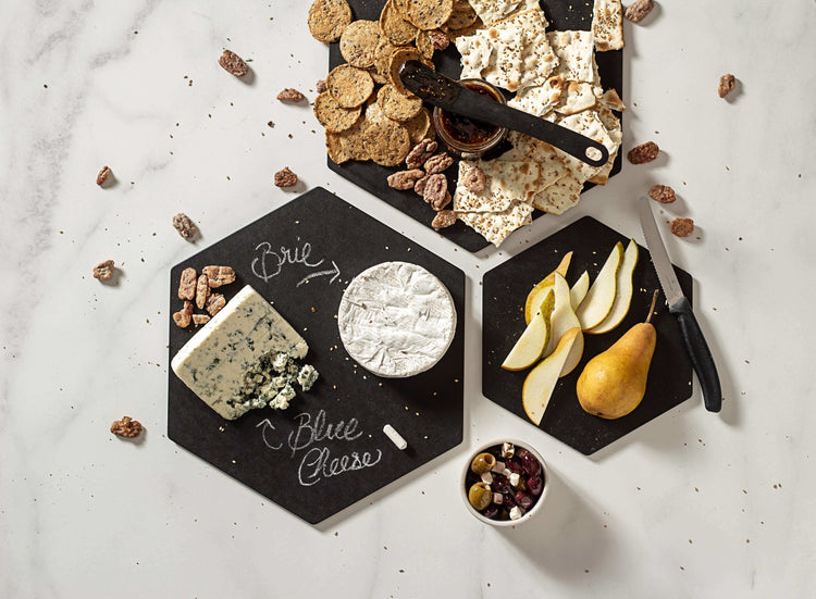 Slate Display Hexagon Collection with assorted cheese, fruit and crackers