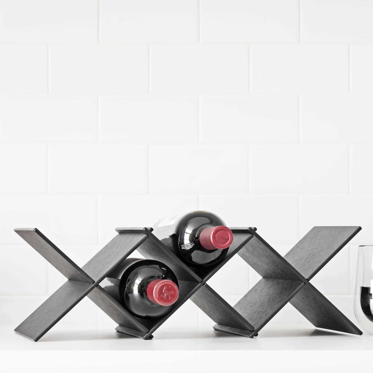 Epicurean Wine Bottle Holder in Slate holding two bottles of red wine