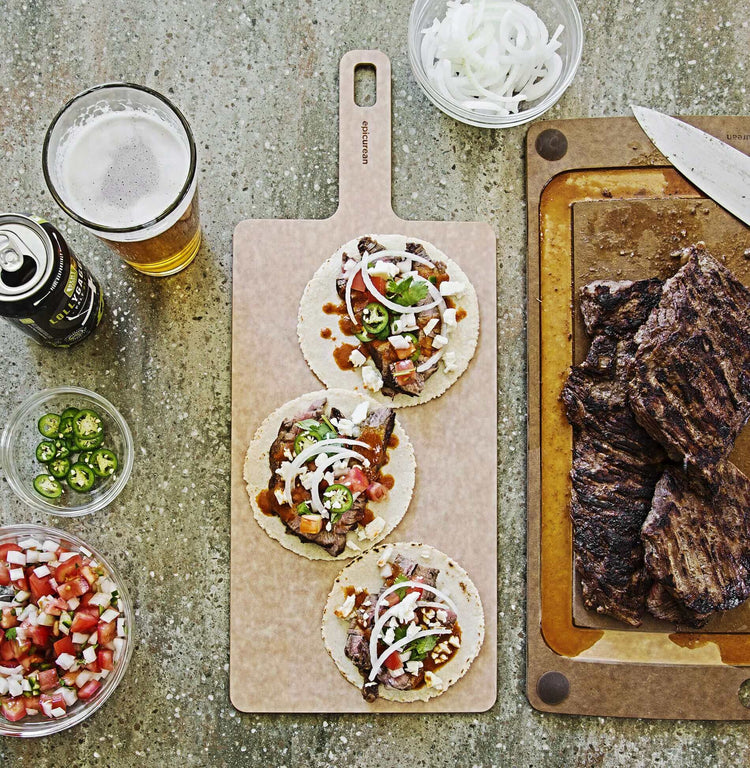 Handy Series Cutting Board Natural 14x7 Rectangle with Steak Tacos,  Onions, Jalapenos, Tomatoes and a Beer