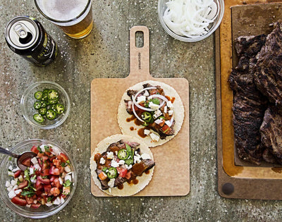 Epicurean Handy Series Cutting Board Small Rectangle with Steak Tacos,  Onions, Jalapenos, Tomatoes and a Beer