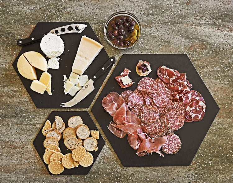Collection of Slate Display Hexagon with assorted meats, cheeses and crackers